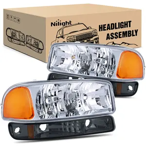 Nilight Headlight Assembly  Compatible for 1999 2000 2001 2002 2003 2004 2005 2006 GMC Sierra Yukon, Smoke Bumper Light Chrome Housing Amber Corner Clear Lens, Headlights Assembly Replacement