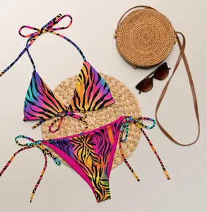 Rainbow Zebra Print Bikini Set for Women – Sexy 2 Piece Triangle Swimwear with Tie Side Bottom, Adjustable Straps, Colorful Summer Beach Outfit, Flattering Fit Swimsuit, Viral TikTok Vacation Must Have