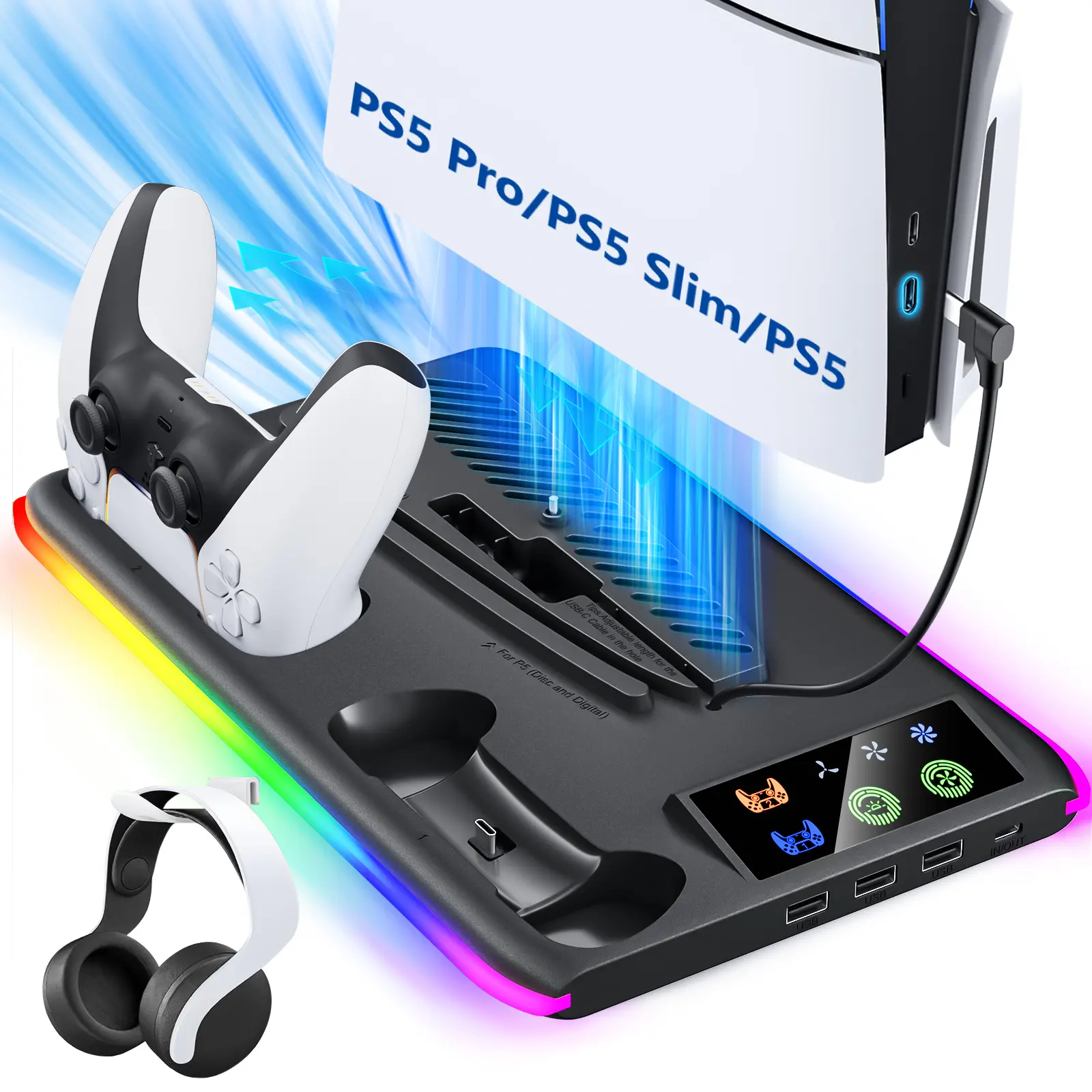 BRHE Game Cooling & Charging Station for PS5 Disc & Digital Consoles - Wireless Rechargeable Controller Charger, 3 USB Ports, Headset Holder, Color Changing RGB Lights, Secure Stable Design, Overvoltage Protection, Gaming Console Accessories