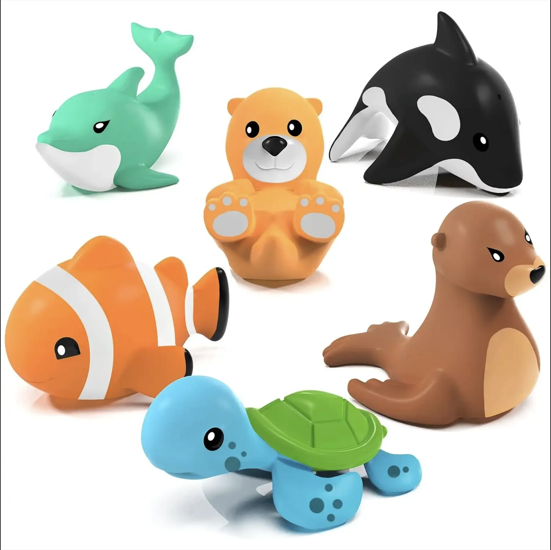Tub Works Mold-Free Bath Toys for Babies & Toddlers - 6-Pack Soft Squeezable Marine Animals Clownfish Orca Sealed No-Hole Design BPA-Free Non-Toxic PV