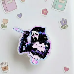 Creepy Cute Ghostface Phone Grip - Kawaii Horror Slasher Holding Pink Cat Stand, Aesthetic Soft Goth Acrylic Socket for Women, Edgy Bestie Gift