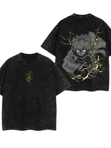 Men's Heavyweight 100% Cotton Anime Lightning T-Shirt - Double-Sided Manga Ninja & Kanji Print, Y2K Retro Streetwear Tee,   Breathable Shirt for Casual Wear, Concerts & Urban Fashion