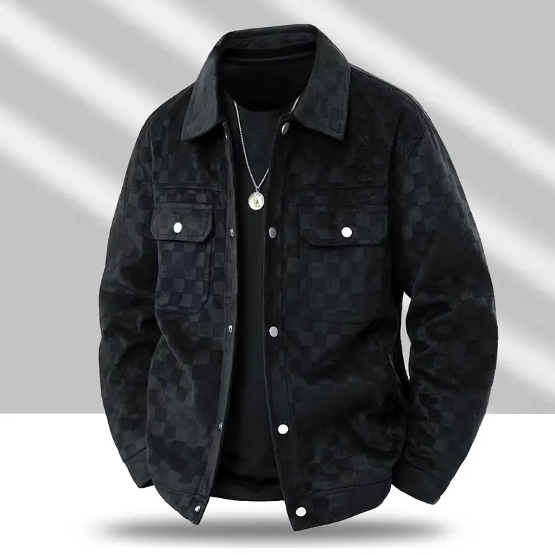 Men's Black Patterned Suede Wool Jacket with Front Flap Pockets and Button Closure, Suitable for Autumn Wear - Fashionable and Practical Top - Aesthetic - Fashion men outfits
