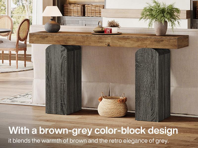 LITTLE TREE 63" Long Entryway Table, Farmhouse Console Table with 2 Arched Pedestal Legs, Wooden Sofa Console Behind The Couch for Entrance, Hallway, Living Room