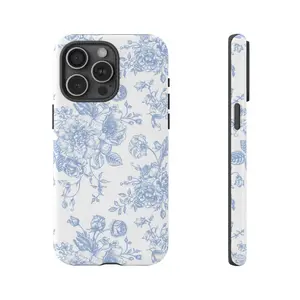 French Toile De Jouy Case, Blue And White Floral Tough Phone Case With Extra Layer Of Protection For Iphone 15Pro, 14, 13, 12, 11, 8, XR Mini, Pro Max, Plus Accessories Aesthetic flower case Smartphone Cellphone Casing S Compatible with Samsung Galaxy S25