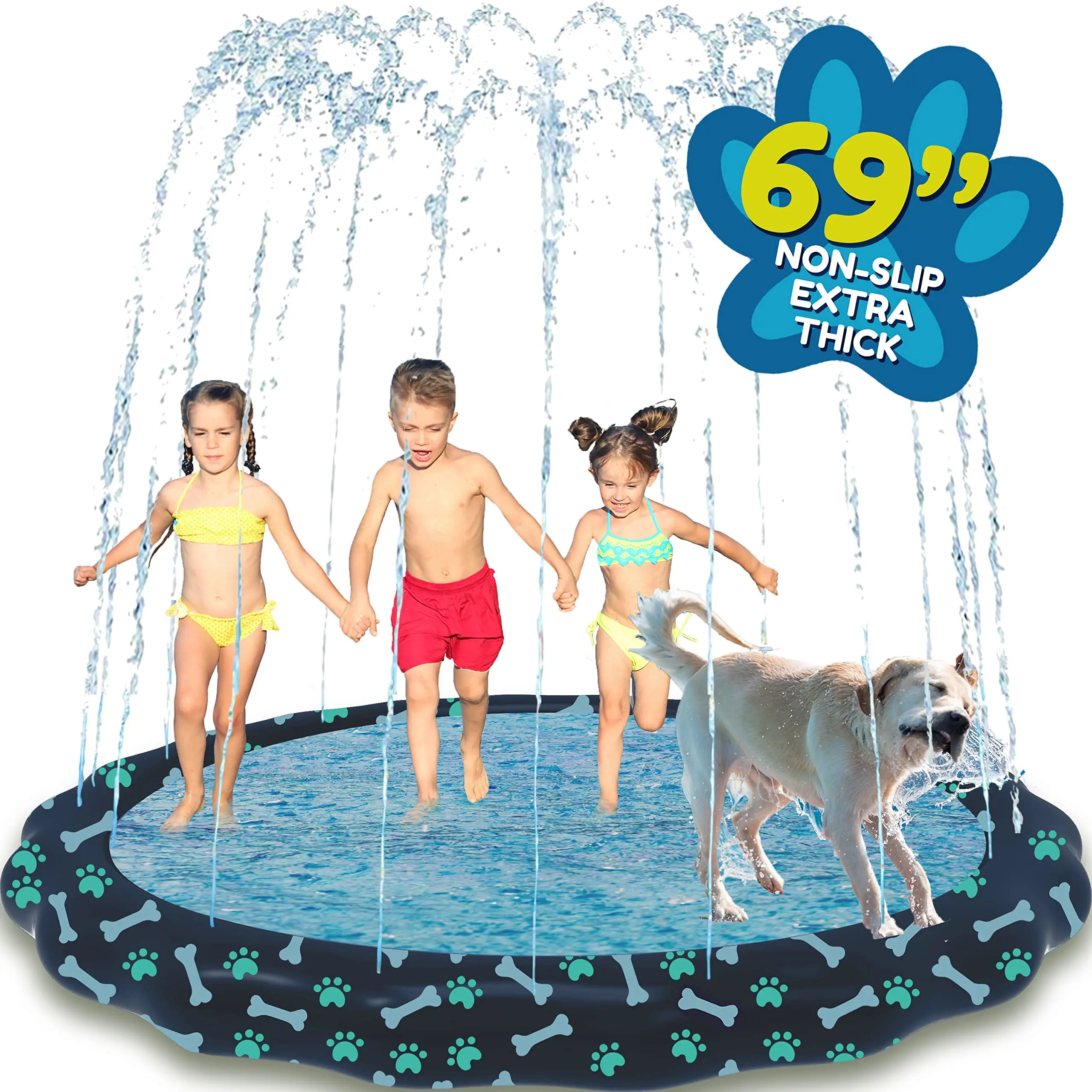 SplashEZ Unisex Non-Slip Splash Pad with Sprinkler Feature, 69 in Extra Large Water Play Area for Kids & Dogs, Paws & Bones Safe Outdoor Fun Toy, Backyard Baby Pool Summer Water Toy for Ages 1-8