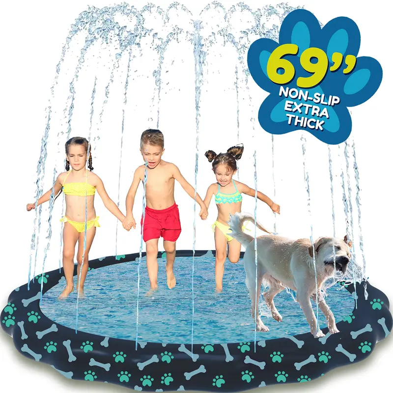SplashEZ Unisex Kids Non-Slip Foldable Splash Pad with Sprinkler, 69in Extra Large Water Play Area, Paws & Bones Safe Backyard Play Fun Toy for Ages 1-8, Water Fun, Fold & Store Fast, Pvc Material, Extra-Thick
