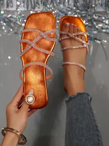 Summer New Luxury Flat Square Toe Sandals, Cross Straps Rhinestone Design, Slimming and Gentle, Suitable for Outdoor, Beach, Travel, Commute, Glitter Decorated Sandals, Fashionable Flat Sandals