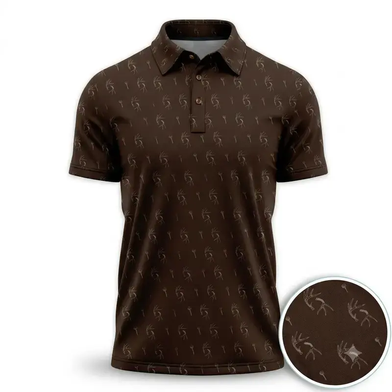 Deer Antler Monogram Golf Polo Shirt - Men's Dark Brown Shed Hunting Short Sleeve Outdoor Graphic Polo, Sportswear Birthday Gift for Men