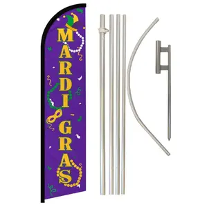 Windless Mardi Gras Banner Flag & Steel-Aluminium Pole Complete Kit, 11.5x2.5ft, Outdoor Home & Festive Party Supplies Backdrop with Unique Print