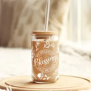 Grandma Wildflowers Iced Coffee Cup with Lid & Straw, 16oz Tumbler, Cute Boho Iced Coffee Glass, Nana, Gigi, Grammy, Mimi Gift, Personalized Custom Tumbler