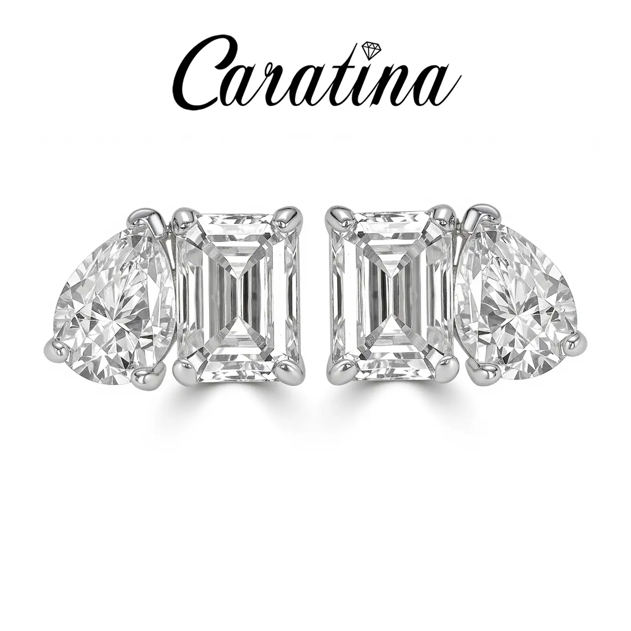 【Preferred gift】Caratina Toi et Moi 3.6CT Moissanite Stud Earrings Rectangle Cut &  Pear Cut Double Stones Engagement Stud Earrings in 925 Sterling Silver Jewelry