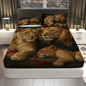 3Pcs Wildlife Lion Family Nature Fitted Sheet Three Piece Set (1*Fitted Sheet+2*Pillowcases, Coreless), Valentine's theme, Animal Print Bedding Set, Mattress protector Soft, Breathable