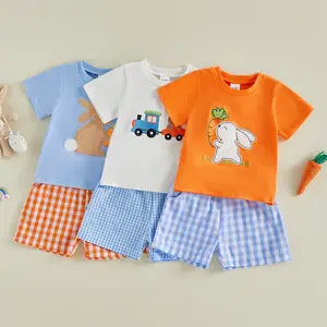 Toddler Boys Easter Outfits Rabbit Carrot Embroidery Crew Neck Short Sleeve T-Shirts Elastic Waist Plaid Shorts 2Pcs Clothes Set