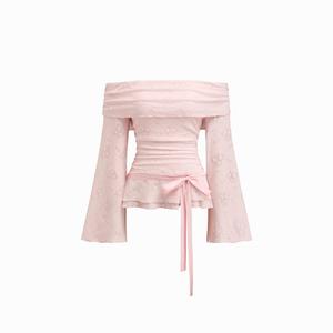 Cider Lace Off-shoulder Floral Knotted Ruched Long Sleeve Top Dealsforyou