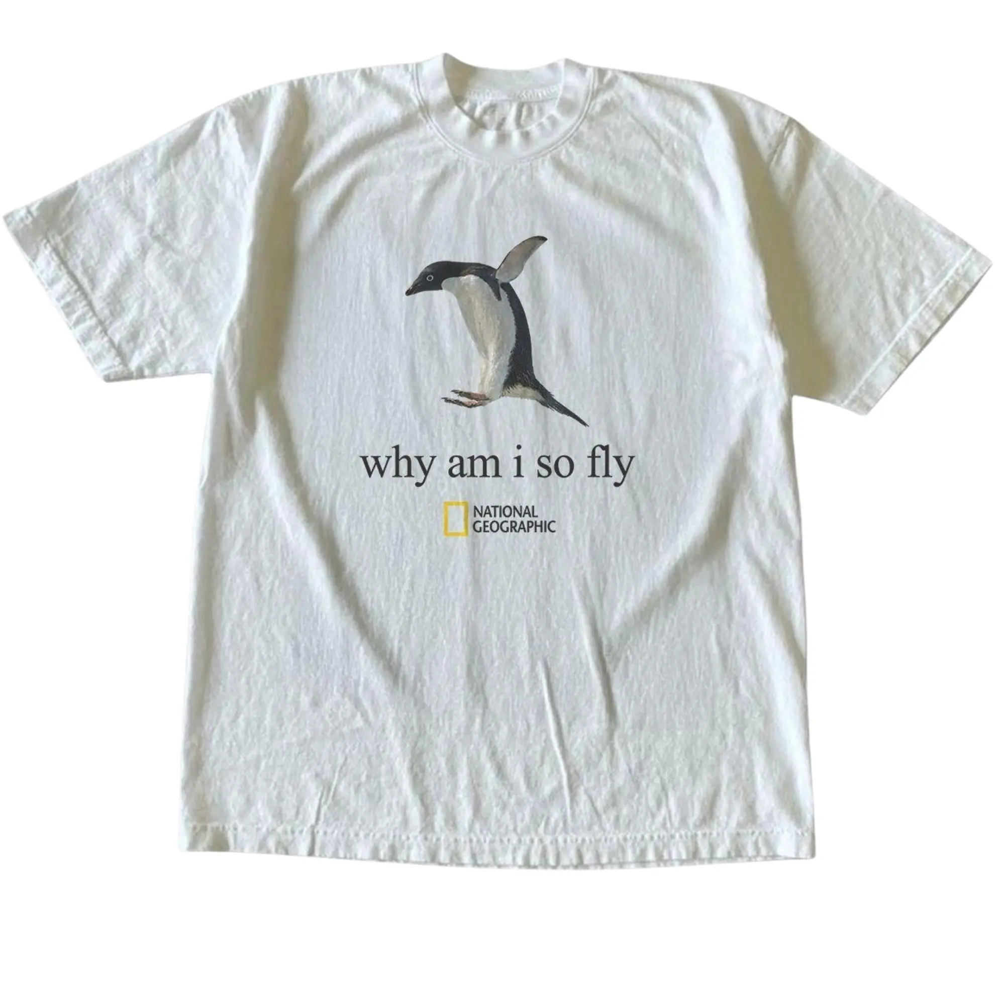 National Geographic Why Am I So Fly Penguin Graphic T-Shirt, Vintage Cute Flying Emperor Penguin Photo Slogan Art Print, Unisex White Heavyweight Streetwear Tee, Animal Lover Gift