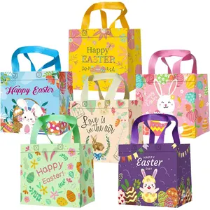 Easter Bags, 6Pack Reusable Bunny Chick Egg Design, Non-Woven Easter Tote Bags with Handles, Ideal Easter Gift Bags, Easter Egg hunt bags, Fabric Easter Basket 8.3*7.9*5.9inch