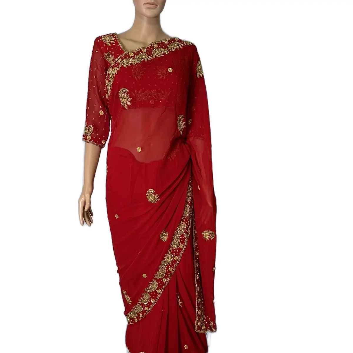Women's Traditional Handcrafted Embroidered Belted Saree Set - 1-Piece Lady's Elegance Outfit, Comfortable Fabric, 34-in Blouse, Matching Belt, Golden Accessories