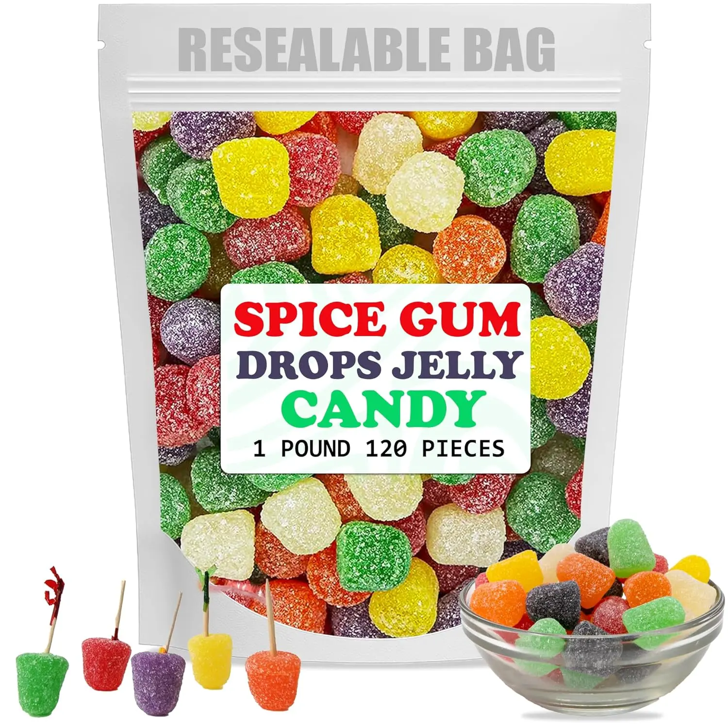Spice Gum Drops Candy Assorted - jelly candy, Spice Drops, Gumdrop Tree, Spiced Drop Candies, Gumdrops Candies, Spiced Gum Drop, jelly drops-16OZ-1LB Resealable Bag