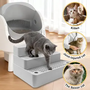 Adjustable 3-Step Cat Litter Box Step Ramp, Non-Slip Detachable Cat Step Stool, Double Layer Litter Trapper with Filter Function, Easy Clean Pet Stair Platform for Small Kittens, Senior Elderly & Injured Cats, Light Grey