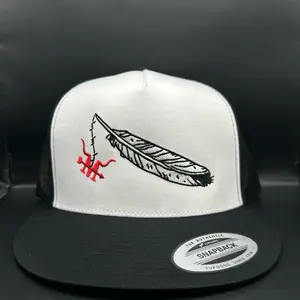 Barbed Feather SnapBack Hat - Black, Snapback Closure, White Front with Barbed Feather Design, SnapBack Style