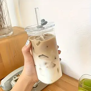 1 Sets Modern Square High Borosilicate Glass Cups With Lids And Glass Straws Minimalist Reusable Coffee Drinking Cup Heat Cold Resistant Microwave Fridge Safe Easy Clean For Iced Coffee Hot Drink Juice Beverage