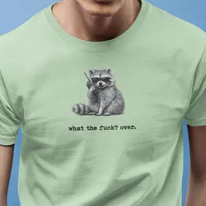 Graphic Tee Raccoon WTF Over Unisex Crew Neck Short Sleeve Casual Tee for Camping Summer Medium Length Soft Cotton Blend DTG Print