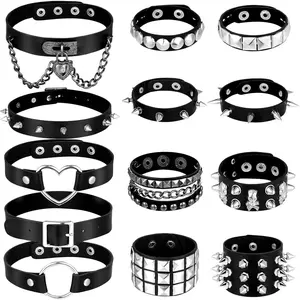 13 count Leather Spike Choker Studded Bracelet Cuffs Set Gothic Punk Rock  Set Costume Accessory