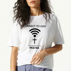 women's T-shirt Connect To God   Password Is Prayer Solid color printed short sleeved women's top White, black, khaki Fashion daily women's clothing