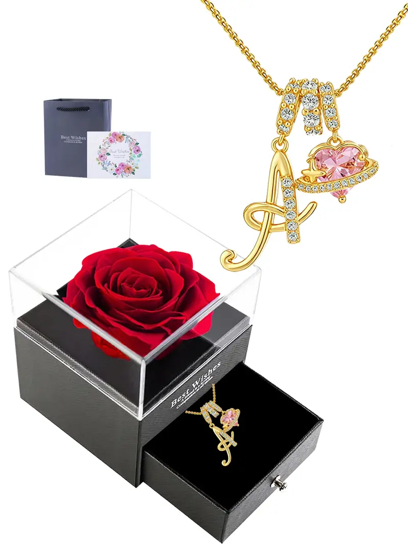 Initial Letter Heart CZ Birthstone Necklace With Rose Jewelry Gift Box, 18K Gold Plated Alphabet Pendant Necklace for Women, Birthday Christmas Jewelry Gift for Women Girl Wife Daughter Love Necklace