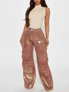 Time To Shine Foil Baggy Cargo Jeans - Burgundy