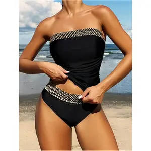 Women's Black Bikini Set 2pcs Strapless Beaded Trim Ruched High Waist Bottoms Swimsuit Bathing Suit Beachwear Swimwear for Women