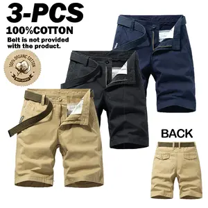 3PCS Men Vintage Cotton Cargo Shorts Mid Waist Straight Knee Chino Bottoms Loose Fit Soft Breath Summer Multi Pocket Casual Pants Outdoor Hiking Walking Daily Travel Trendy Male Streetwear Light Solid Color Daily Holiday Weekend Daily Casual Walking Beige