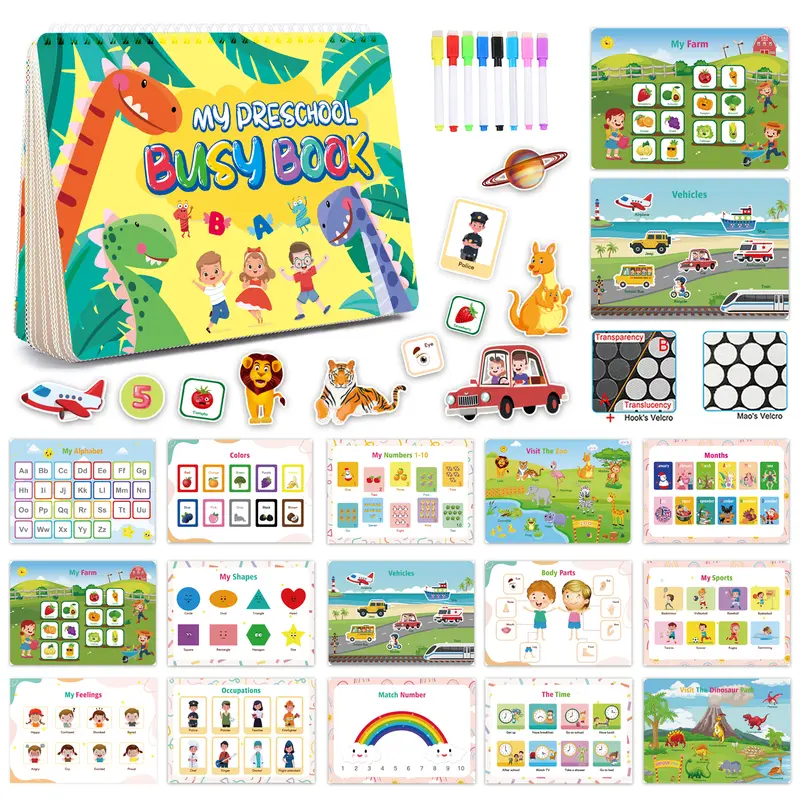 [32 Themes] Montessori Busy Book for Toddlers, 16-Item Preschool Learning Kit with Colored Pens, Weather-Ready Travel Tools, Tearproof Pages, Illustrated Cards, Bilingual Supplies, Patience-Building Toddler Gifts