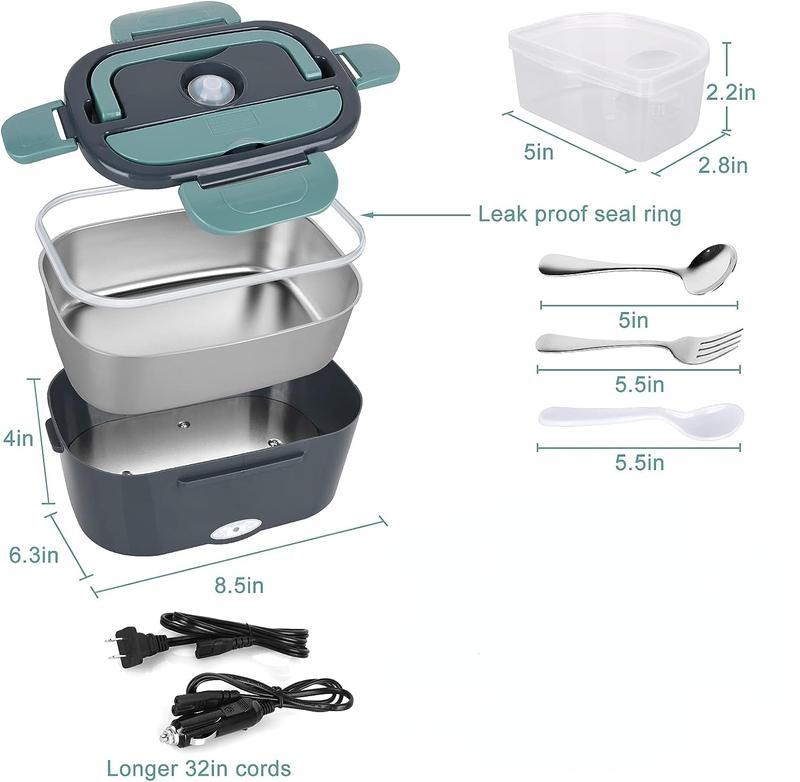 2-in-1  Lunch Box Heater for Car Truck Home Work Leak Proof 4 Removable Stainless Steel Containers 110V 12V 24V 60W Tableware Non-BPA Free Grey Plug-In Thermal Insulation  Lunch Box Electric Fast Heating Lunch Box Durable Plastic