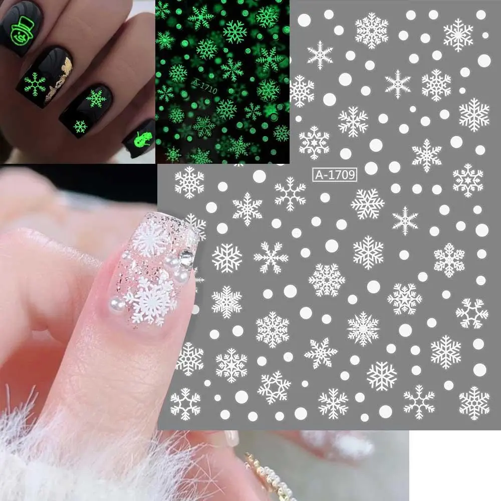 3D White Snowflakes Luminous Nail Art Stickers Glow In The Dark Christmas Snowman Adhesive Decals Festival Party Nail Decoration