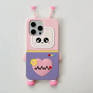 Creative, cute, soft pink ECG robot Protective phone case, suitable For iPhone 16, 15, 14, 13, 12 Pro Max, 14,15 Plus, shockproof silicone.