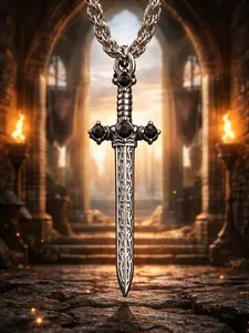 The Armored Kingdom Black Zirconia Sword Shaped Pendant Necklace Anti Tarnish Waterproof Unisex Stainless Steel Hypoallergenic 60 cm Chain