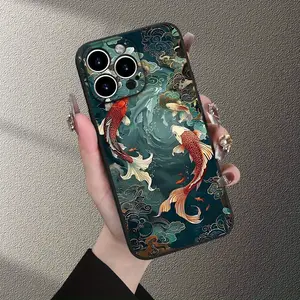 Traditional Japanese Koi Fish with Clouds - Painted Frosted Straight Edge Fine Hole Mobile Phone Case Made of TPU Material, Popular Camera - Protection Case for iPhone 16/15/14/13/12/11 pro promax plus Suitable for Samsung S24 Plus