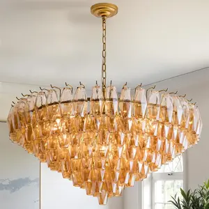 37" Extra Large Chandelier, 14-Light Gold Modern Round Chandelier for Living Room, Tiered Smoke Blown Glass Brass Chandeliers, Hanging Light Fixture for Bedroom, Dining Room, Foyer, Entryway