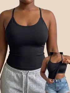 Sculpt Touch Support Racerback Tank Tops – Round Neck with Built-in Shelf Bra Sleeveless Light Support Fitted Basic Cami Shirts