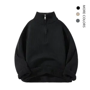 Men’s classic solid quarter-zip turtleneck sweater — casual slim fit, long sleeves, knitwear for fall/winter; comfortable, warm pullover; basic outdoor fashion fabric; elegant layer; soft menswear pullover top; beige plain.