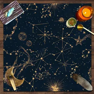 1pc Celestial Zodiac Astrology Starry Night Square Altar Cloth, Golden Cosmic Witchy Mystical Tablecloth, Tarot Card Spread Reading Cloth, Table Mat Decor Tarot Reading Cloth, Decorative Item, Halloween