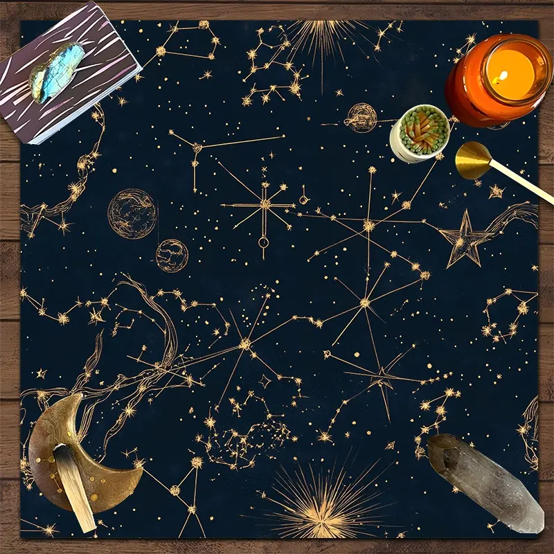 1pc Celestial Zodiac Astrology Starry Night Square Altar Cloth, Golden Cosmic Witchy Mystical Tablecloth, Tarot Card Spread Reading Cloth, Table Mat Decor Tarot Reading Cloth, Decorative Item, Halloween