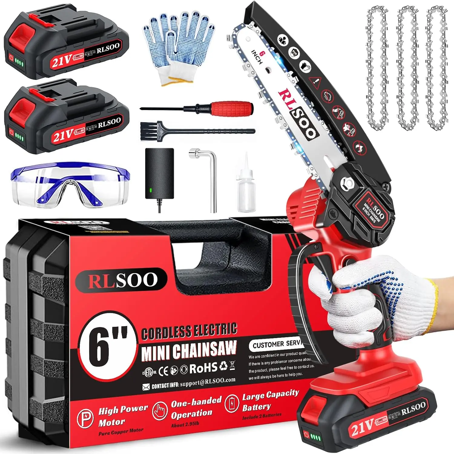 Powerful Mini Chainsaw - 6 Inch Cordless Electric Tree Trimmer with 2 Batteries & 3 Chains - Perfect for Gardening and Wood Cutting