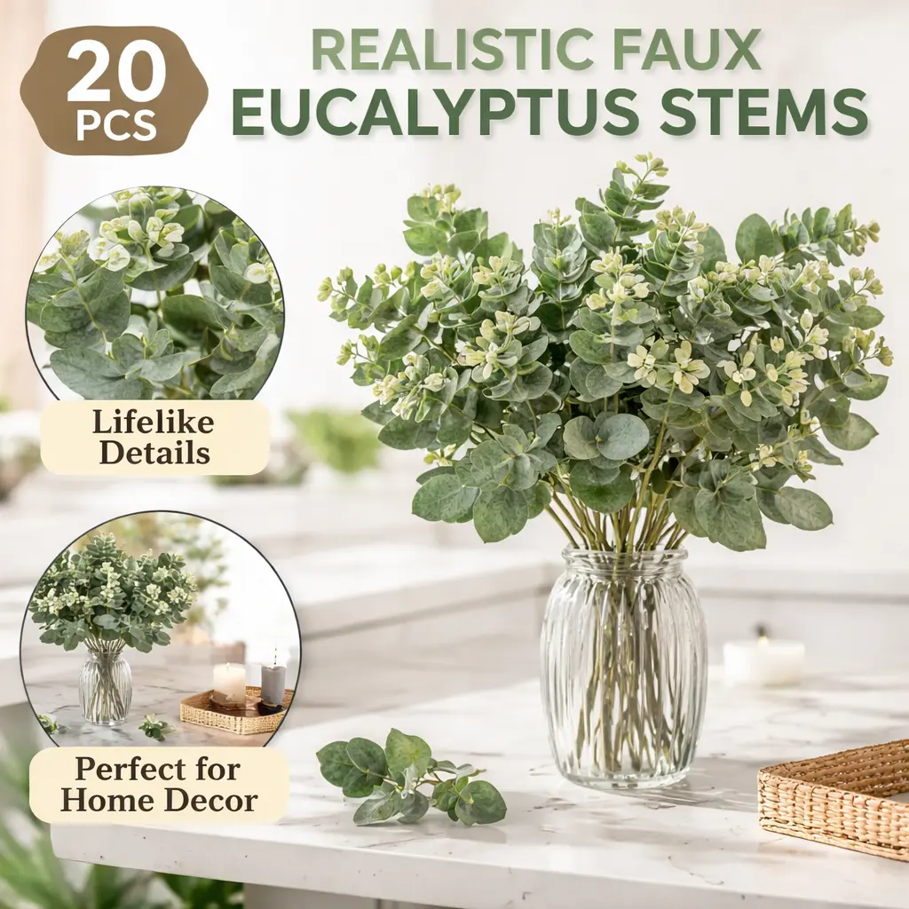 Mixed Artificial Eucalyptus Stems 20 Pcs – Oval Seeded Greenery Bulk with Flexible Wire Stems for Wedding Bouquets, Vase Arrangements, Wreaths, Farmhouse Home Decor – Summer Sale, Mid Year Sale, Deals for You, Restock
