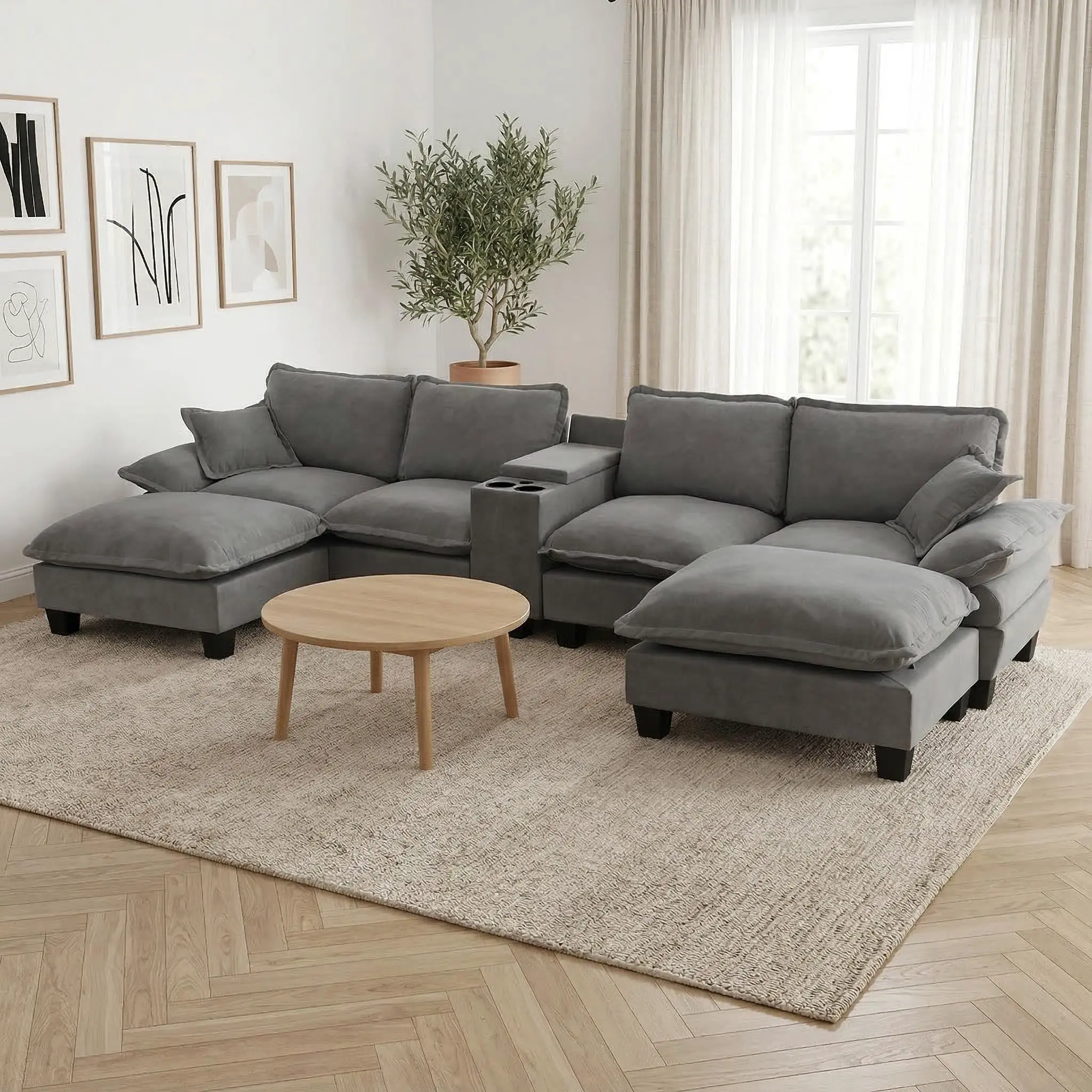 U-Shape Modular Cloud Sofa, Sailboat Design with Cup Holders, Hidden Storage and USB Charger, 2 Removable Ottomans, 2 Matching Pillows, Plush Chenille Fabric – Deep Seat Convertible Sectional for Apartment, Living Room, Family Room