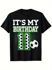 Kids' 11th Birthday Soccer Jersey - Soft Cotton Breathable Shirt with "IT's MY BIRTHDAY" Design & Soccer Ball Graphic, Black with Green/White Accents, Short Sleeve Round Neck for Boys Girls, All-Season Casual Wear, Kids Sports Apparel