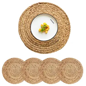 Set of 4 Round Woven Placemats 13.5 Natural Water Hyacinth Rattan Mats Boho Farmhouse Braided Table Decor Heat Resistant for Indoor & Outdoor Use BPA Free