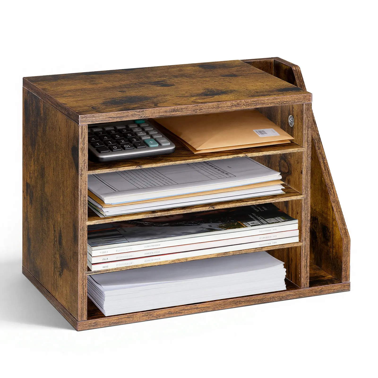 【summerfinds】VEVOR Literature Organizer, 4 Compartments Office Mailbox with Detachable Shelves, Wooden Mailbox Sorter with Side Vertical Storage, Countertop Office Home Organizer for File, Document, Paper, Brown, Office Accessories